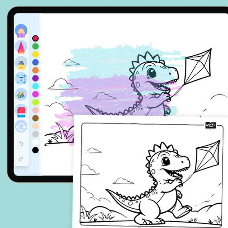 Dino's Flying a Kite — coloring-pages coloring page for Grade 1, Grade 2, Grade 3, Grade 4, Grade 5, page 1 of 1