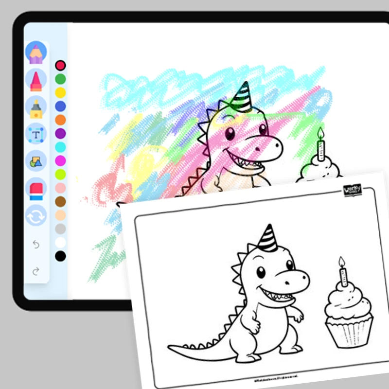 Dino and Birthday Cupcake — coloring-pages coloring page for Grade 1, Grade 2, Grade 3, Grade 4, Grade 5, page 1 of 1