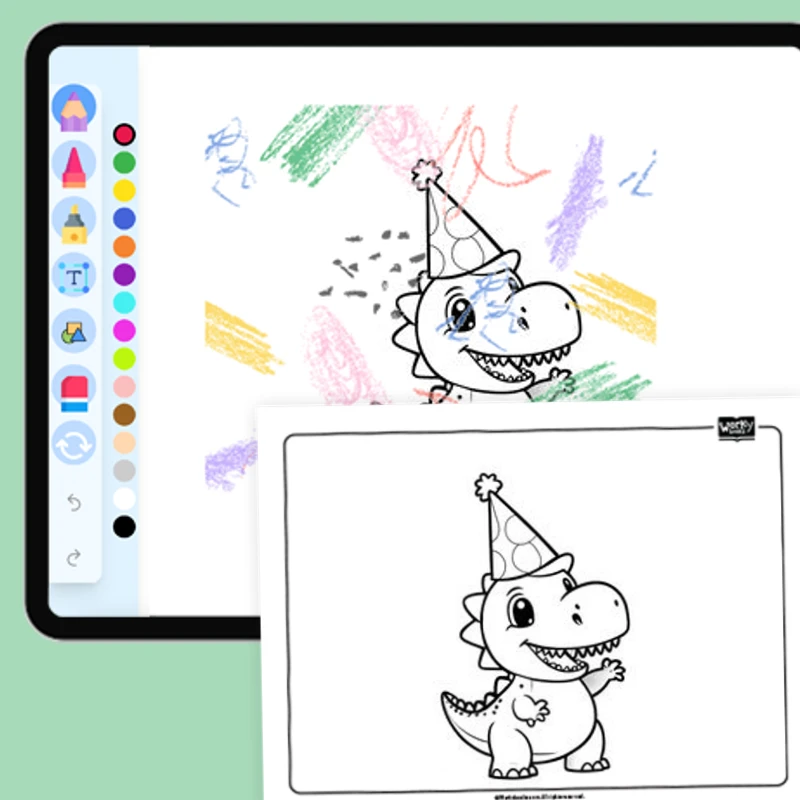Dinosaur Wearing a Party Hat — coloring-pages coloring page for Grade 1, Grade 2, Grade 3, Grade 4, Grade 5, page 1 of 1
