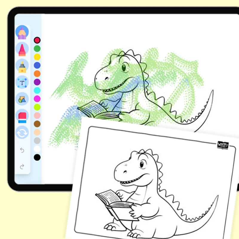 Dino's Reading an upside down Book — coloring-pages coloring page for Grade 1, Grade 2, Grade 3, Grade 4, Grade 5, page 1 of 1