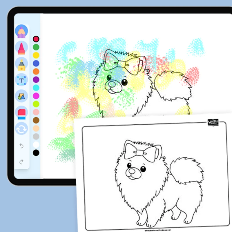 Pomeranian with Rainbow Bow — coloring-pages coloring page for Grade 1, Grade 2, Grade 3, Grade 4, Grade 5, page 1 of 1