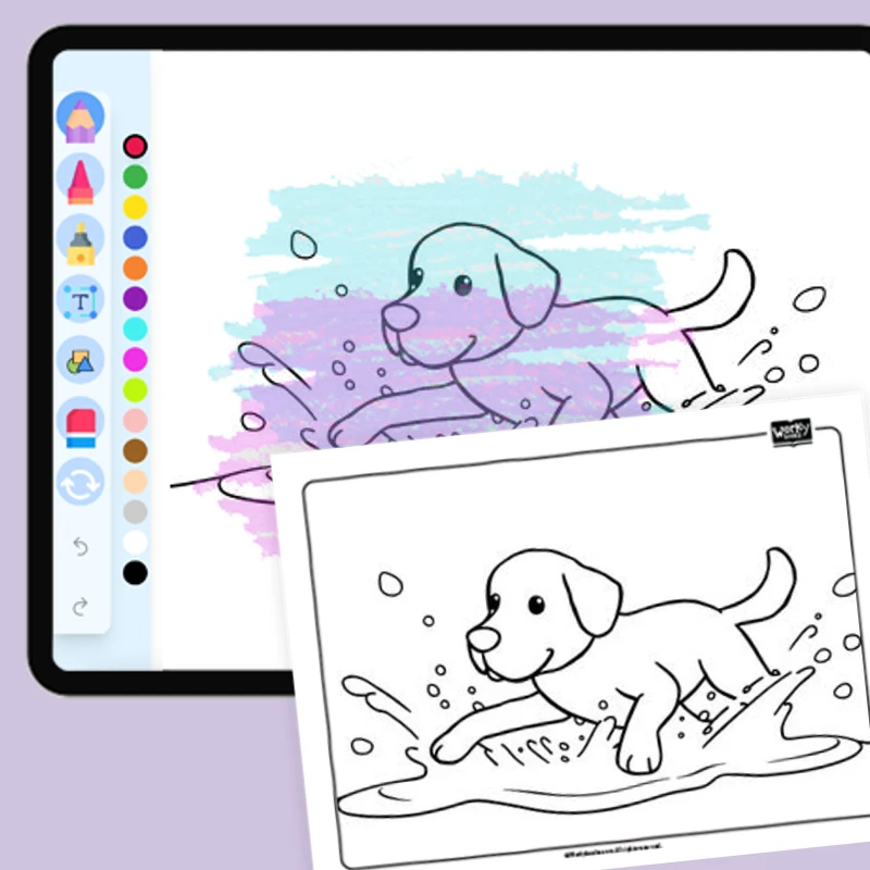Labrador in Kiddie Pool — coloring-pages coloring page for Grade 1, Grade 2, Grade 3, Grade 4, Grade 5, page 1 of 1