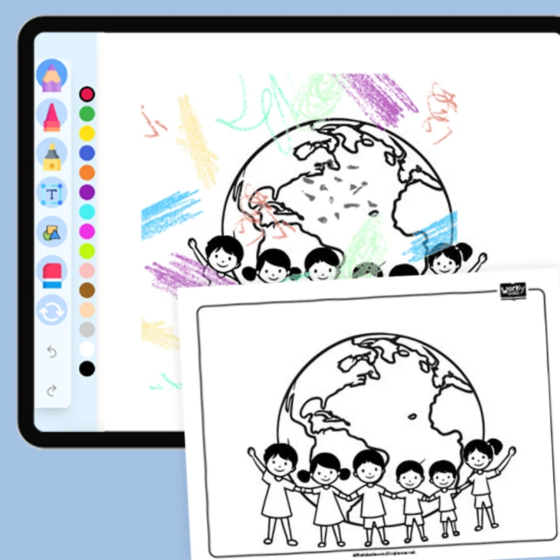 Children Holding Hands Around the Globe — coloring-pages coloring page for Grade 1, Grade 2, Grade 3, Grade 4, Grade 5, page 1 of 1