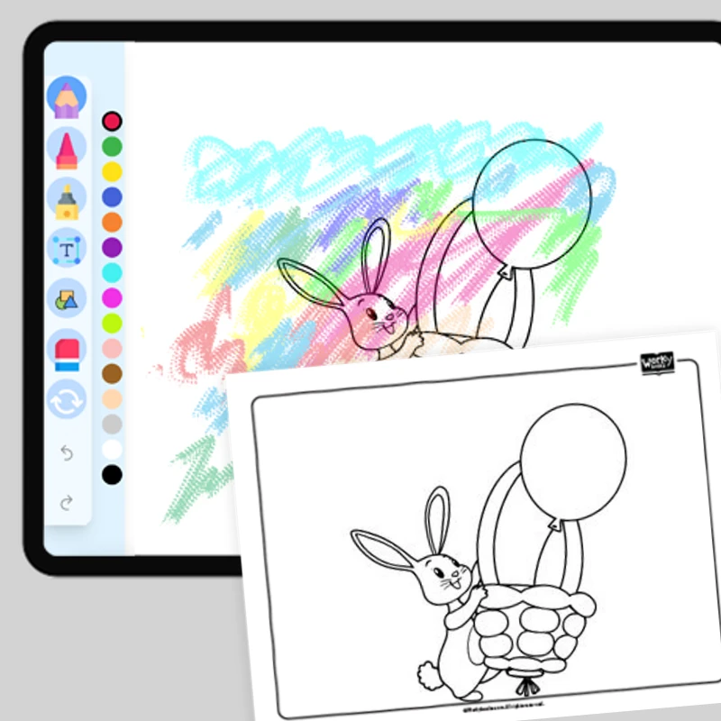 Bunny with Easter Basket Balloon — coloring-pages coloring page for Grade 1, Grade 2, Grade 3, Grade 4, Grade 5, page 1 of 1