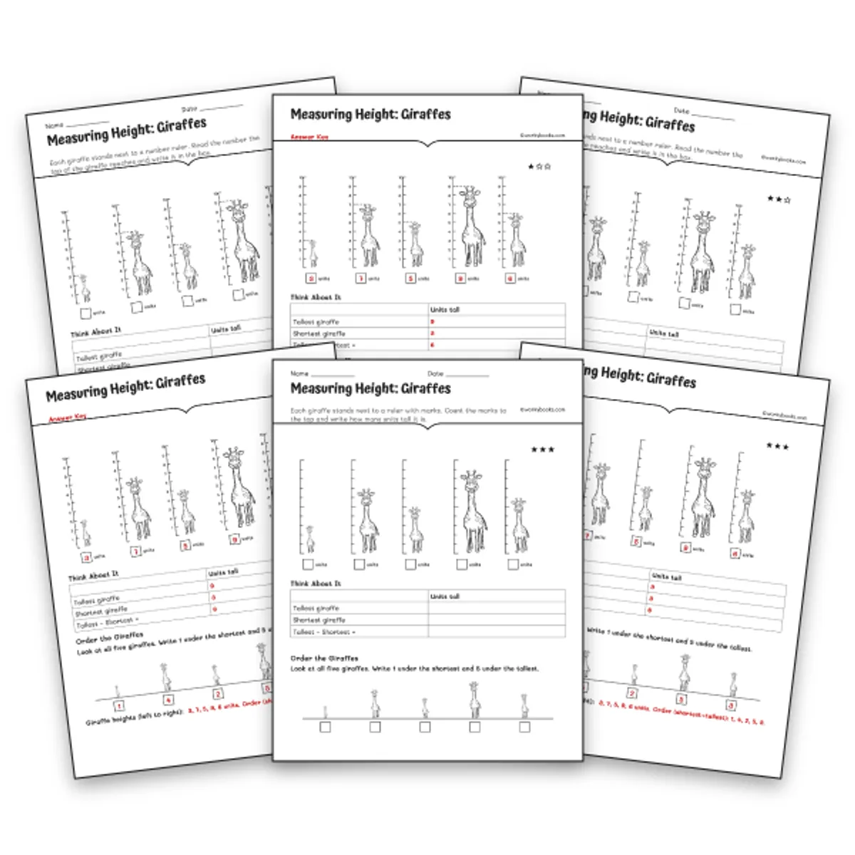 Measuring Height: Giraffes — math worksheet for Grade K, Grade 1, page 1 of null