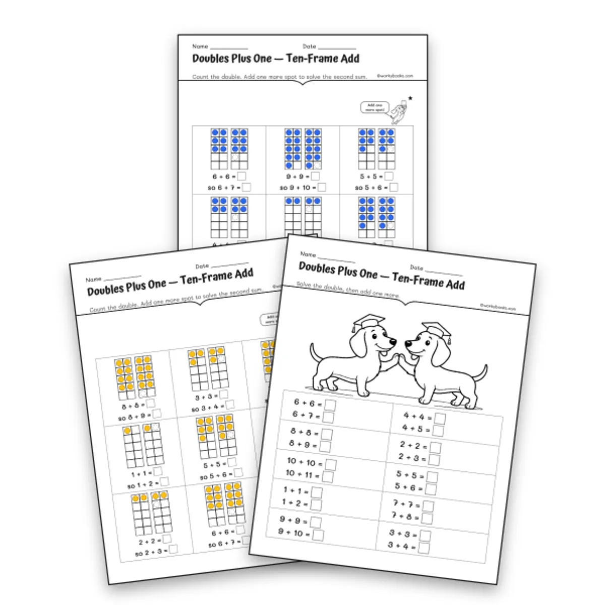 Doubles Plus One Ten-Frame Worksheets — math worksheet for Grade 1, Grade 2, page 1 of null