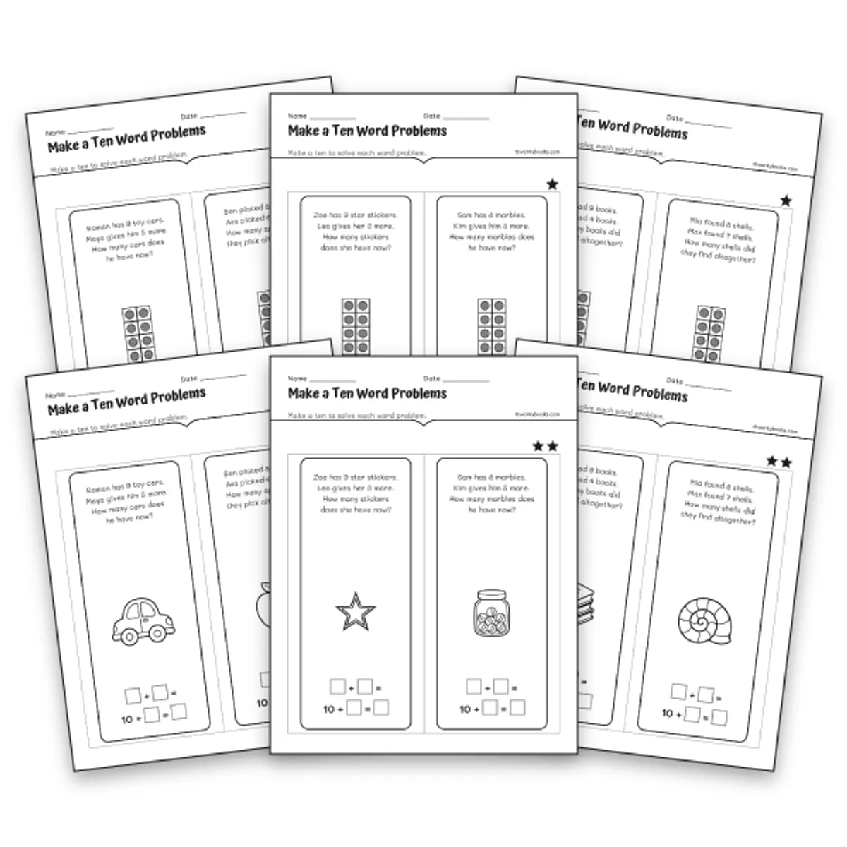 Make a Ten Word Problems — math worksheet for Grade 1, Grade 2, page 1 of null