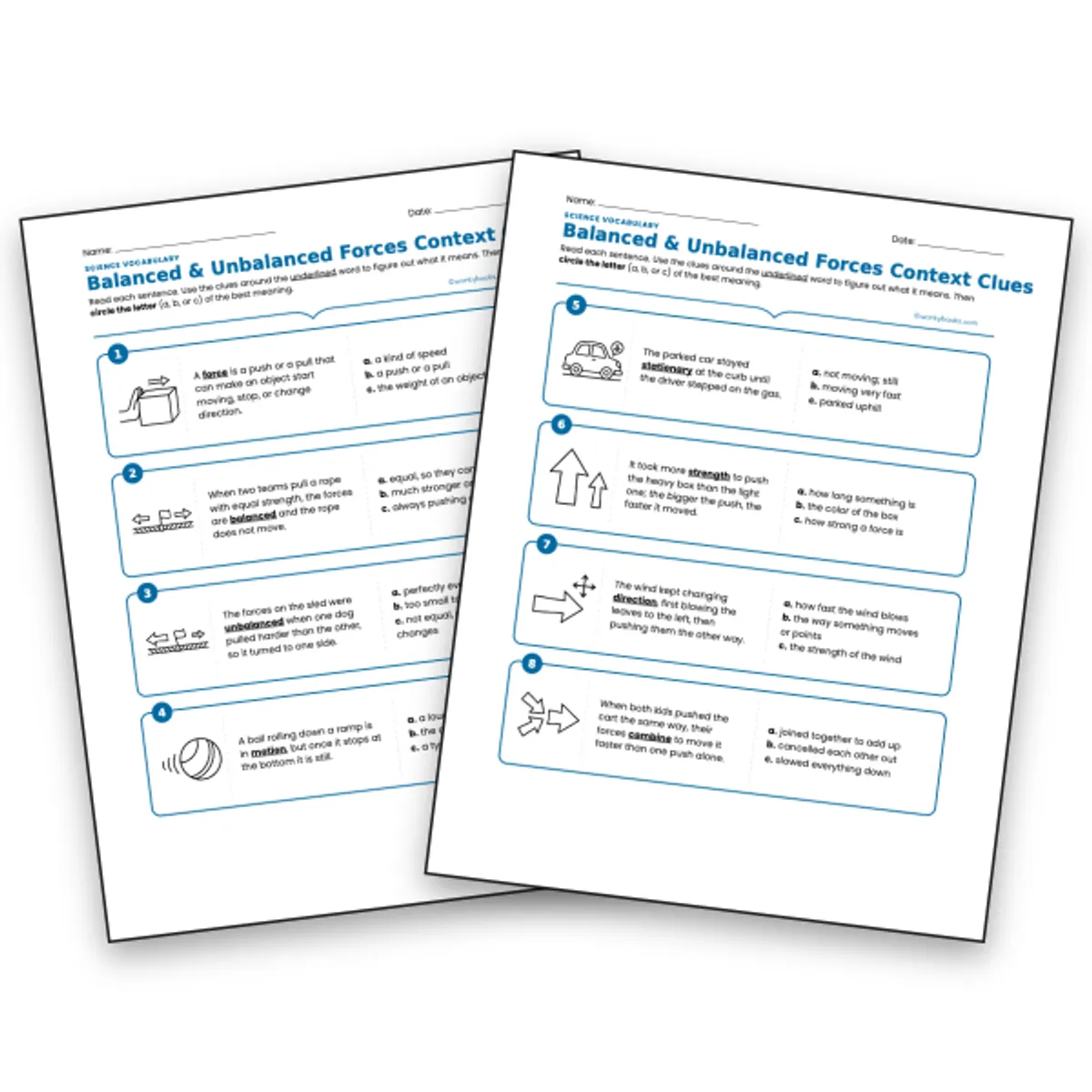 Balanced & Unbalanced Forces | Science Vocabulary — ela worksheet for Grade 3, Grade 4, Grade 5, page 1 of null