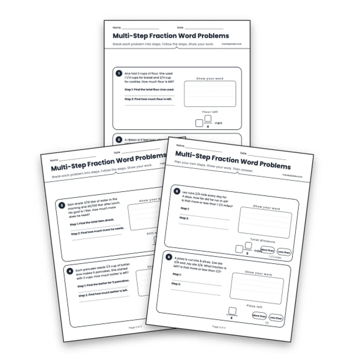 Multi-Step Fraction Word Problems — math worksheet for Grade 4, Grade 5, page 1 of null