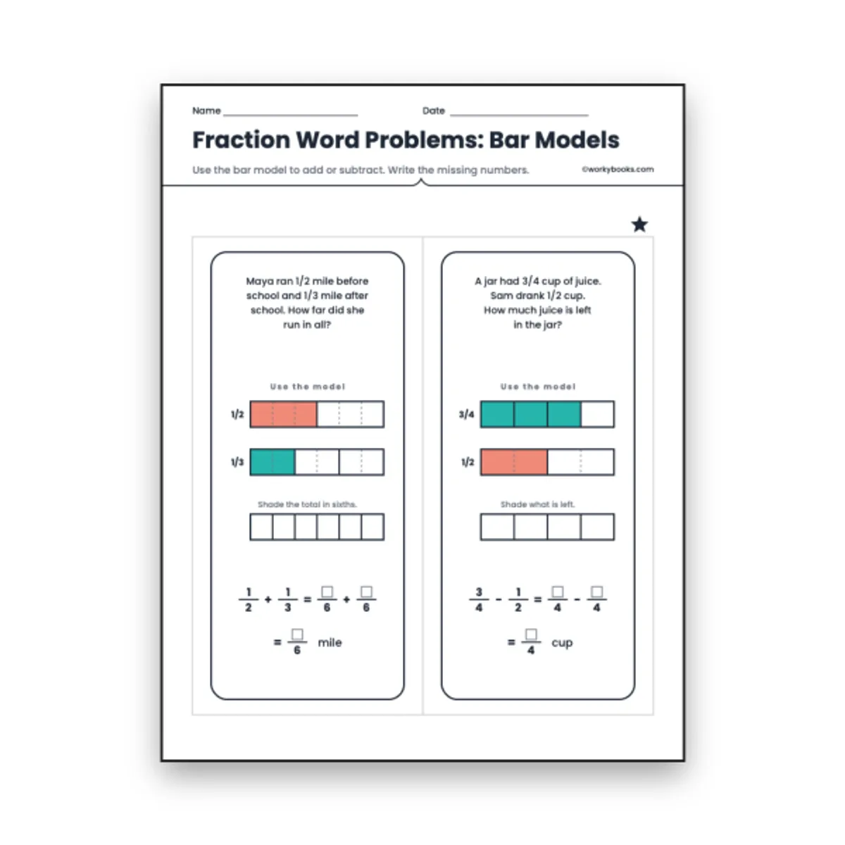 Fraction Word Problems: Bar Models — math worksheet for Grade 5, Grade 6, page 1 of null
