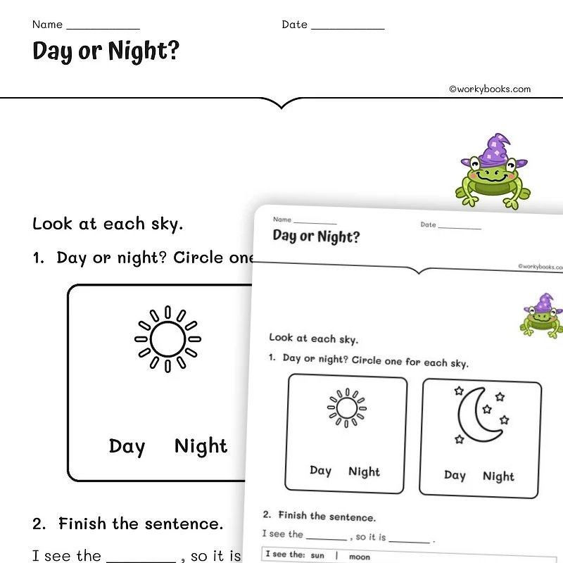 Day or Night? — science worksheet for Grade K, Grade 1, Grade 2, page 1 of null