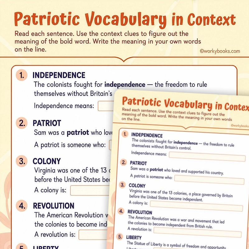 Patriotic Vocabulary in Context — ela worksheet for Grade K, Grade 1, Grade 2, Grade 3, page 1 of 2