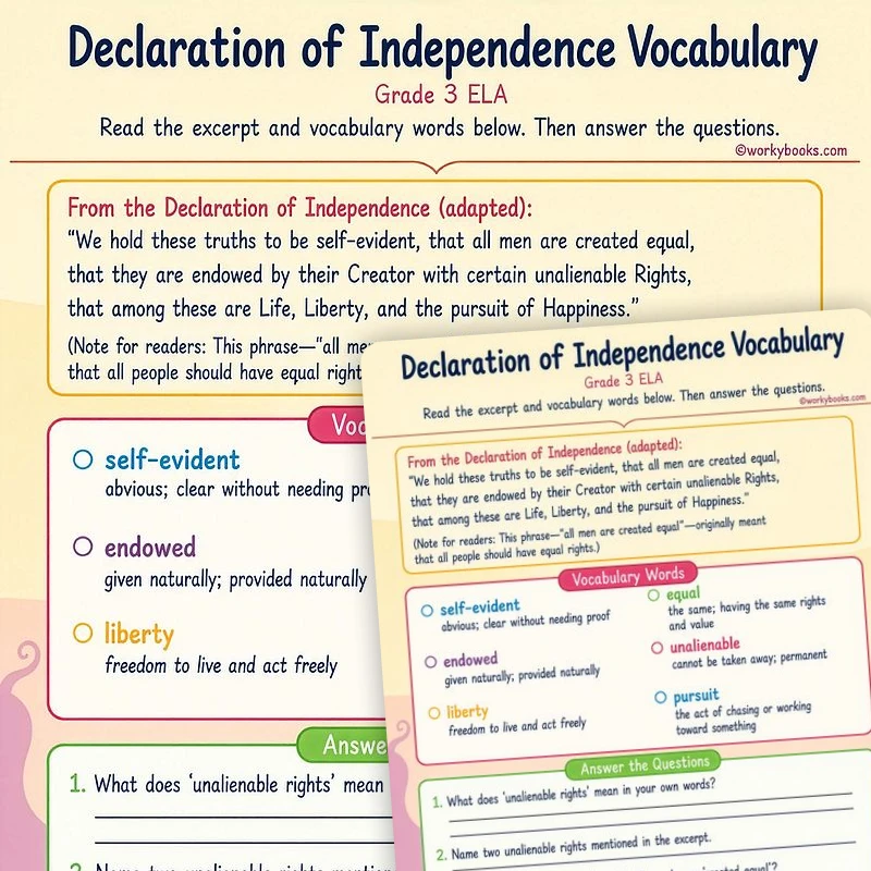 Declaration of Independence Vocabulary — ela worksheet for Grade K, Grade 1, Grade 2, Grade 3, page 1 of 1