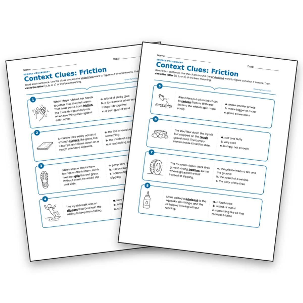 Friction Context Clues | Science Vocabulary — ela worksheet for Grade 3, Grade 4, Grade 5, page 1 of null