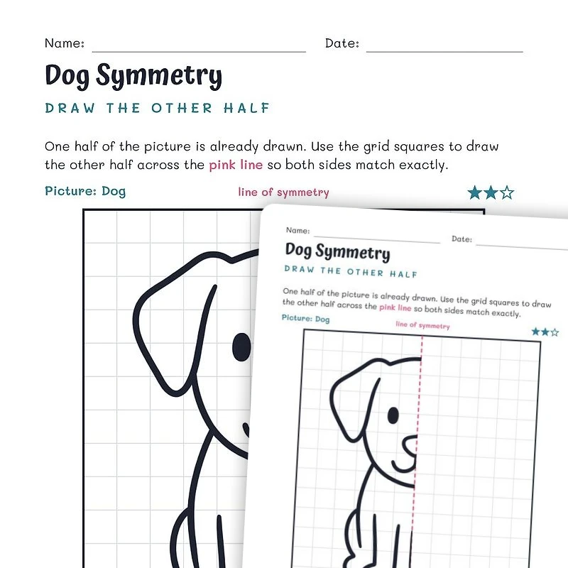 Dog Symmetry Worksheet – Draw the Other Half — math worksheet for Grade 2, Grade 3, Grade 4, page 1 of null