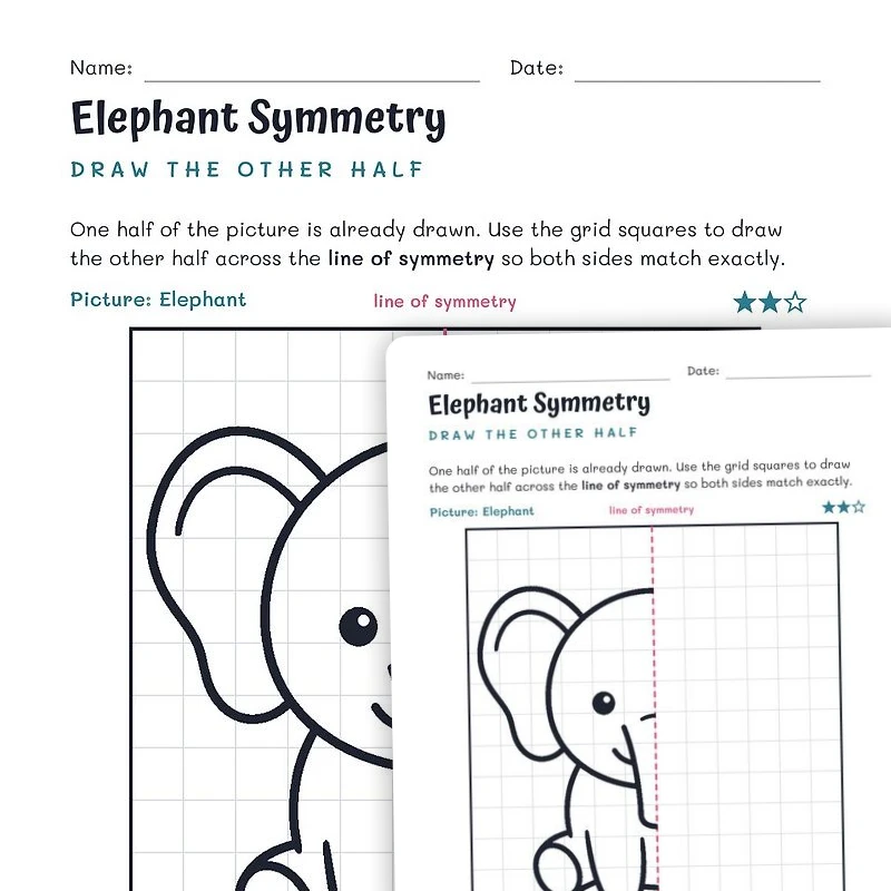 Elephant Symmetry Worksheet – Draw the Other Half — math worksheet for Grade 2, Grade 3, Grade 4, page 1 of null