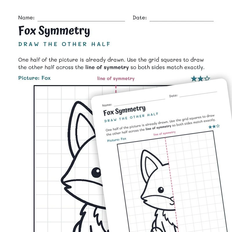 Fox Symmetry Worksheet – Draw the Other Half — math worksheet for Grade 2, Grade 3, Grade 4, page 1 of null