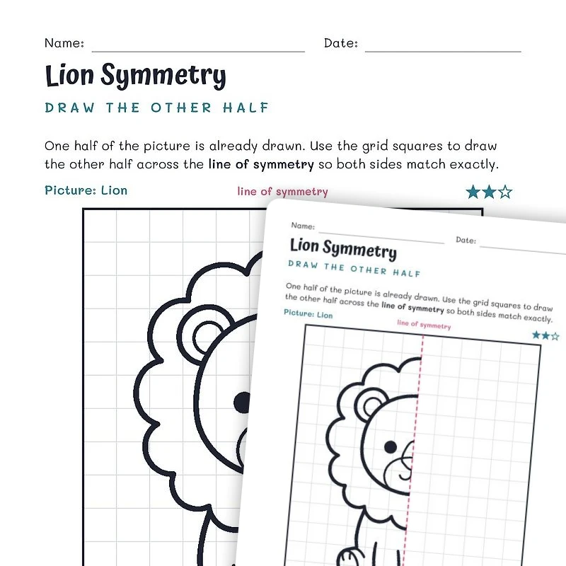 Lion Symmetry Worksheet – Draw the Other Half — math worksheet for Grade 2, Grade 3, Grade 4, page 1 of null