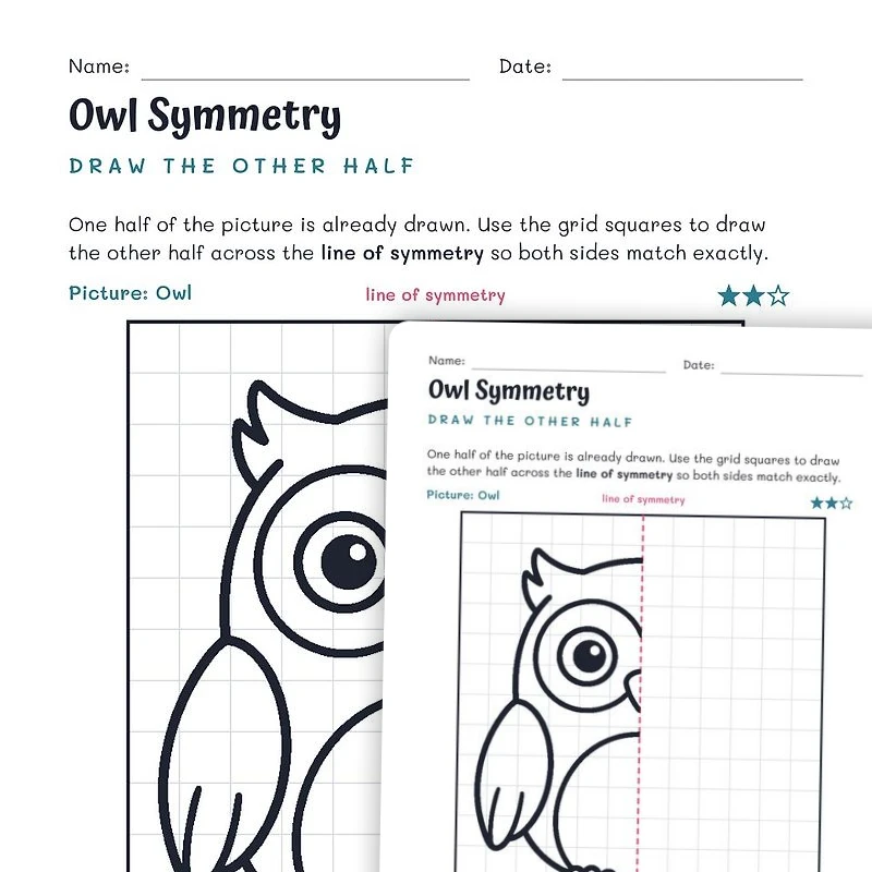 Owl Symmetry Worksheet – Draw the Other Half — math worksheet for Grade 2, Grade 3, Grade 4, page 1 of null