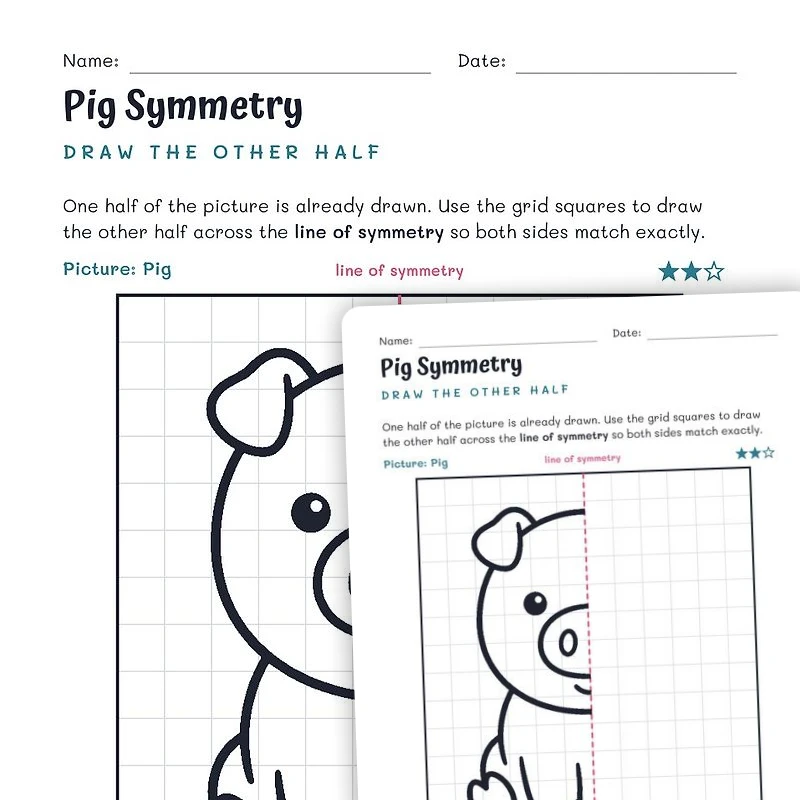 Pig Symmetry Worksheet – Draw the Other Half — math worksheet for Grade 2, Grade 3, Grade 4, page 1 of null