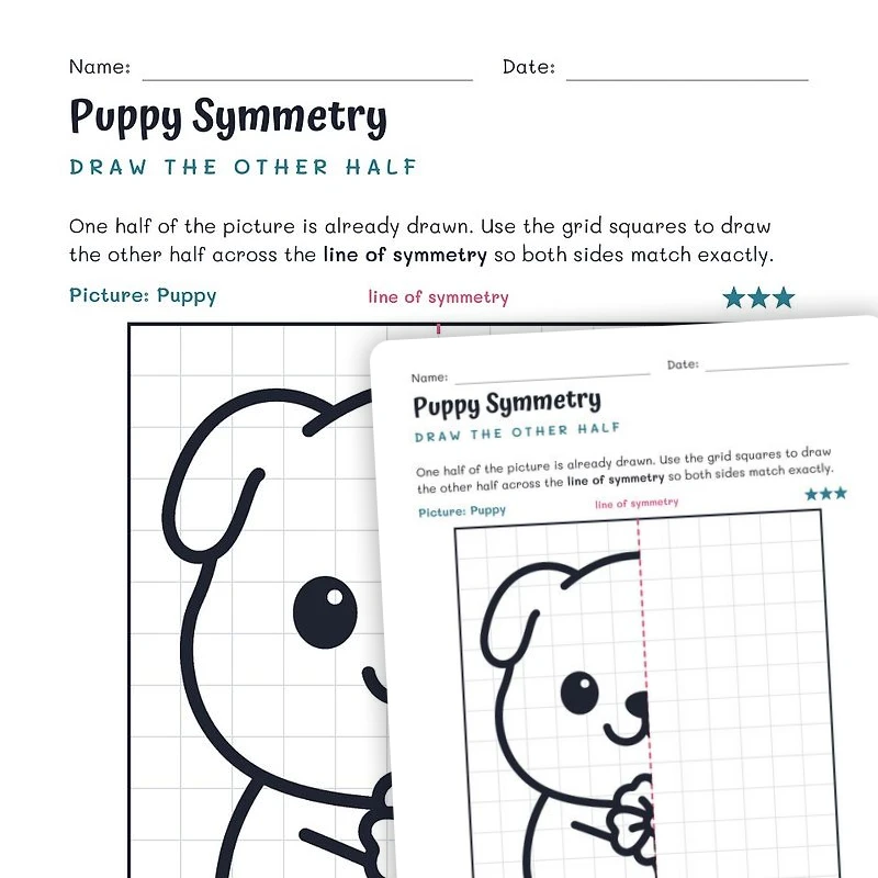 Puppy Symmetry Worksheet – Draw the Other Half — math worksheet for Grade 2, Grade 3, Grade 4, page 1 of null