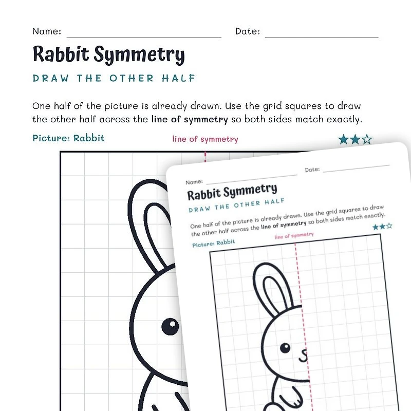 Rabbit Symmetry Worksheet – Draw the Other Half — math worksheet for Grade 2, Grade 3, Grade 4, page 1 of null