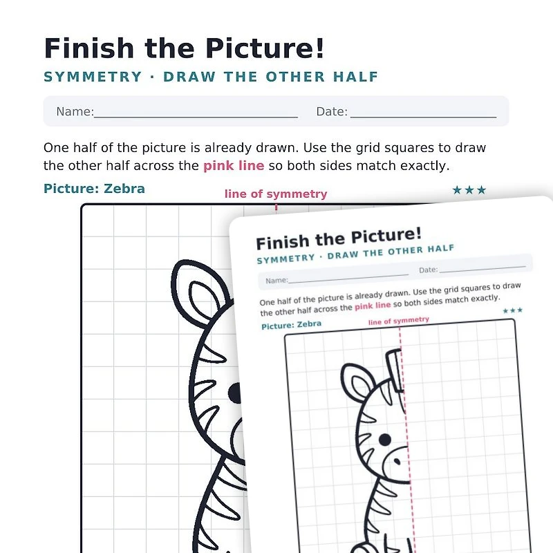 Zebra Symmetry Worksheet – Draw the Other Half — math worksheet for Grade 2, Grade 3, Grade 4, page 1 of null
