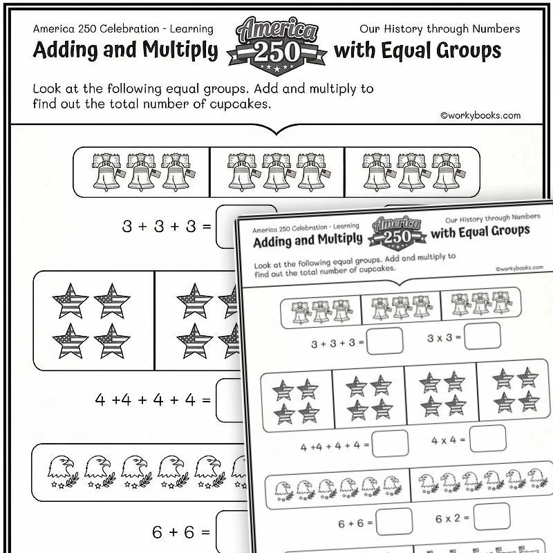 Adding and Multiplying with Equal Groups AM250 — math worksheet for Grade 2, Grade 3, Grade 4, Grade 5, page 1 of 2