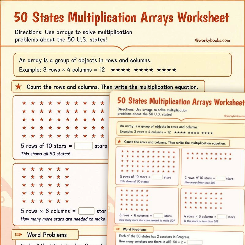 50 States Multiplication Arrays — math worksheet for Grade 2, Grade 3, Grade 4, page 1 of 1