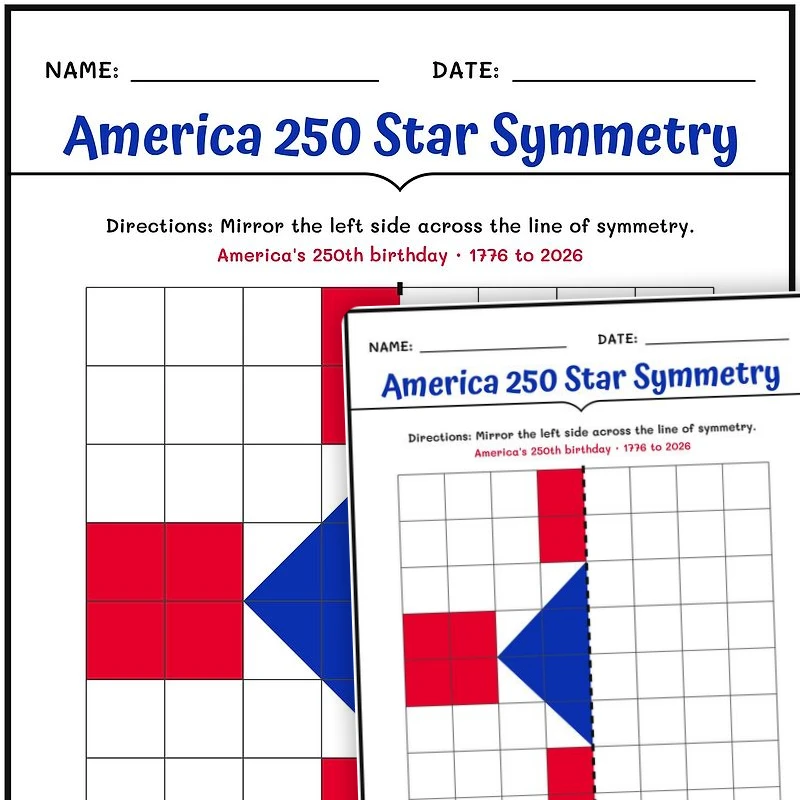 America 250 Star Symmetry — math worksheet for Grade 3, Grade 4, Grade 5, page 1 of null