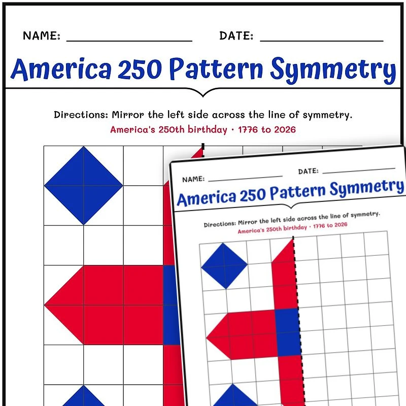 America 250 Pattern Symmetry — math worksheet for Grade 3, Grade 4, Grade 5, page 1 of null