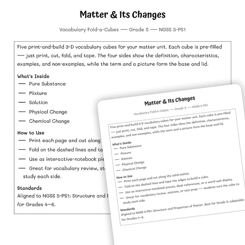 Matter and Its Changes — Fold-a-Cubes — science worksheet for Grade 4, Grade 5, Grade 6, page 1 of null