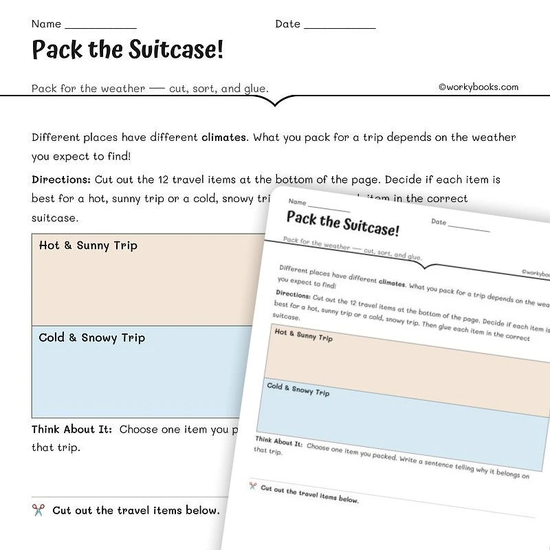 Pack the Suitcase — science worksheet for Grade 3, Grade 4, Grade 5, page 1 of null