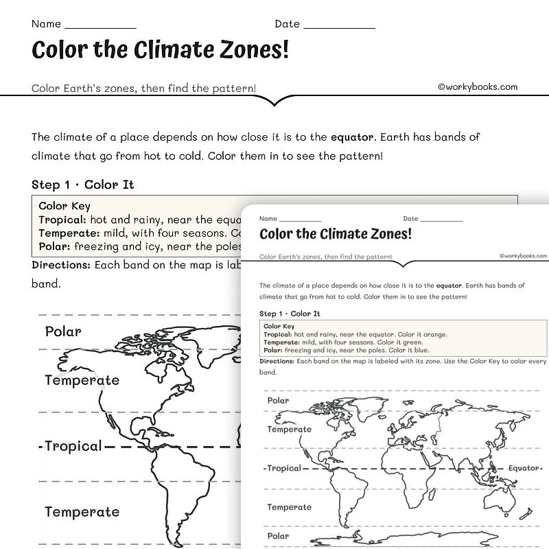 Color the Climate Zones — science worksheet for Grade 3, Grade 4, Grade 5, page 1 of null
