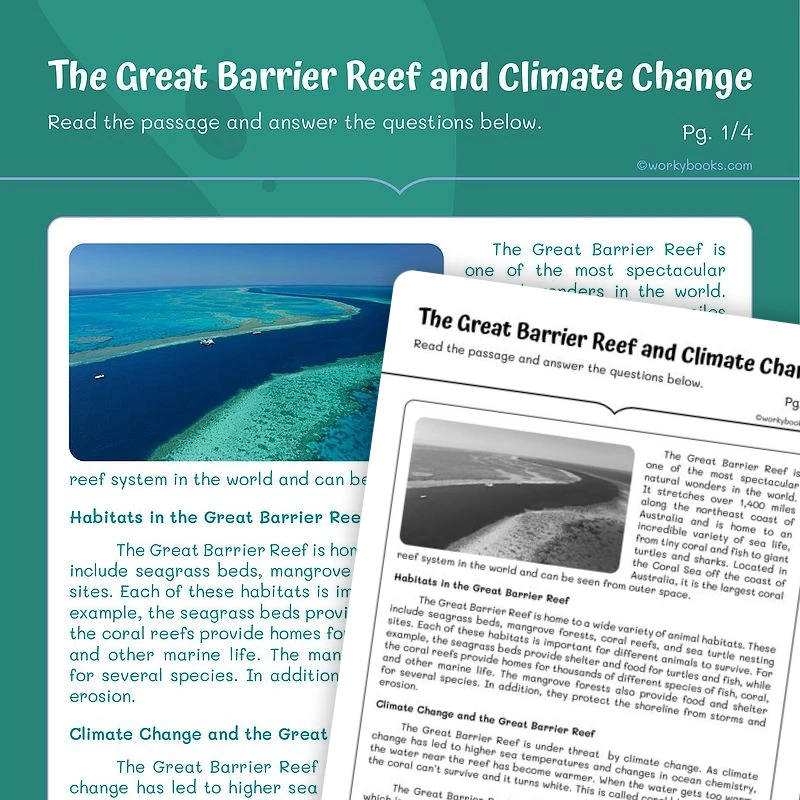 The Great Barrier Reef and Climate — ela worksheet for Grade 4, Grade 5, page 1 of 3