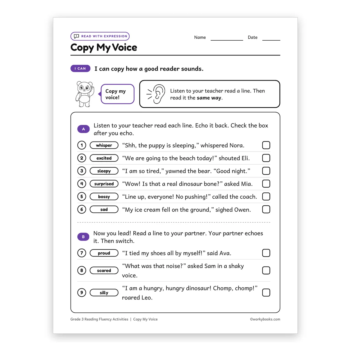 Copy My Voice — ela worksheet for Grade 3, page 1 of 2
