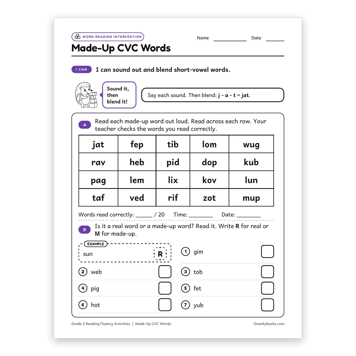 Made-Up CVC Words — ela worksheet for Grade 3, page 1 of 2