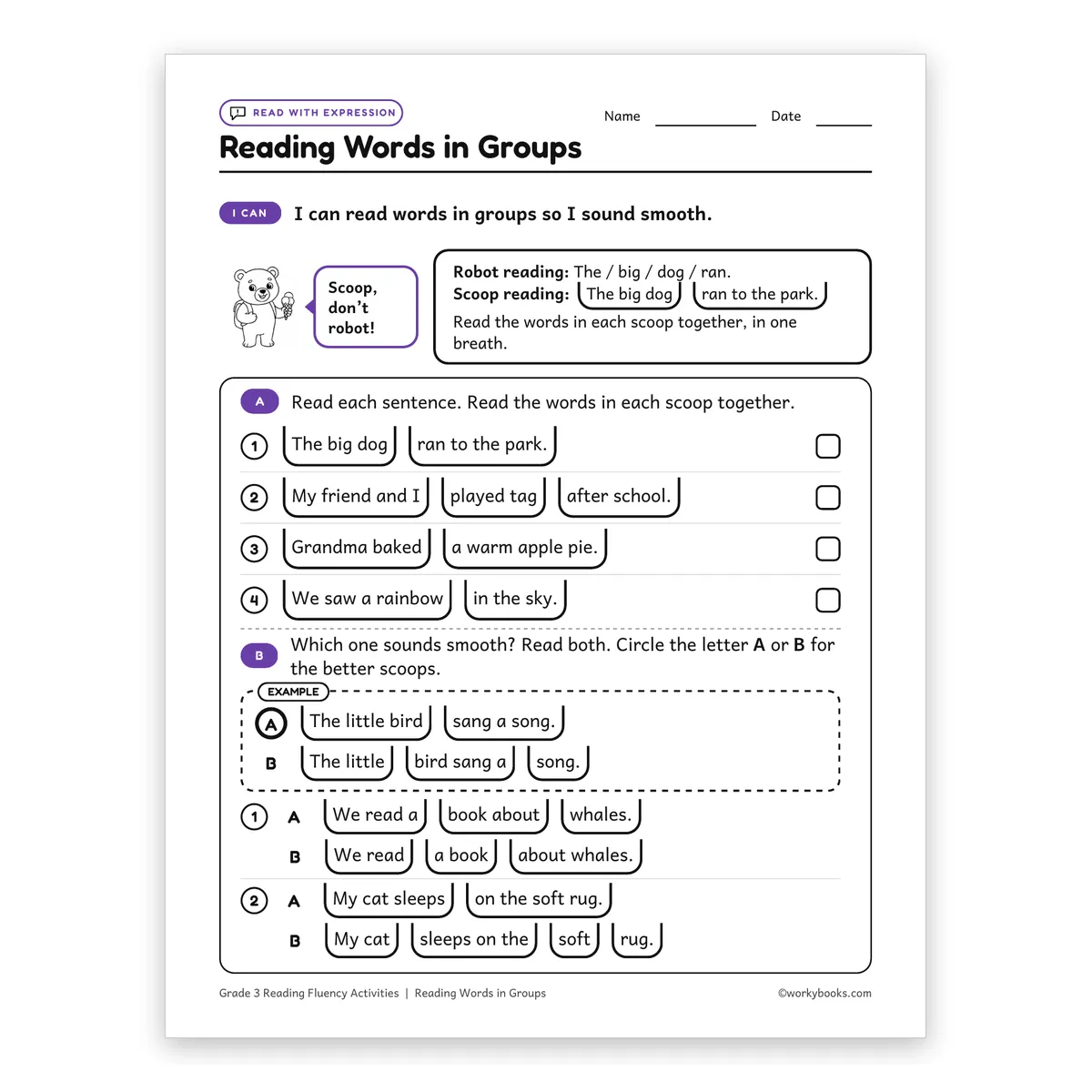 Reading Words in Groups — ela worksheet for Grade 3, page 1 of 2