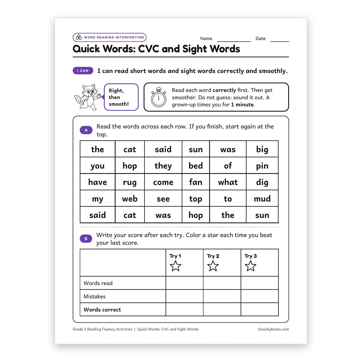 Quick Words: CVC and Sight Words — ela worksheet for Grade 3, page 1 of 2