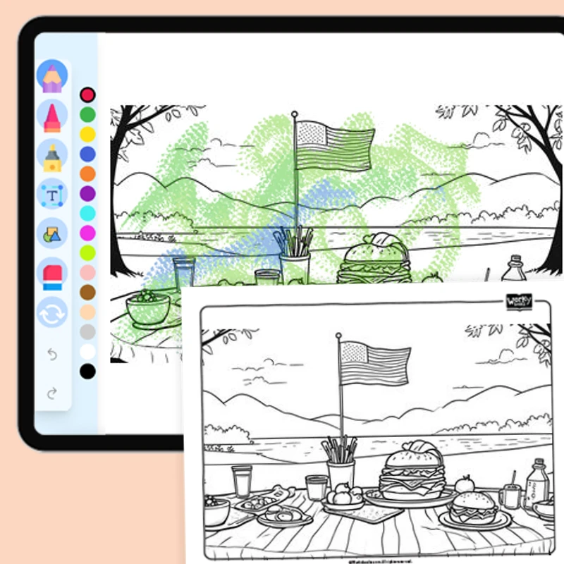 Fourth of July Picnic — coloring-pages coloring page for Grade 1, Grade 2, Grade 3, Grade 4, Grade 5, page 1 of 1