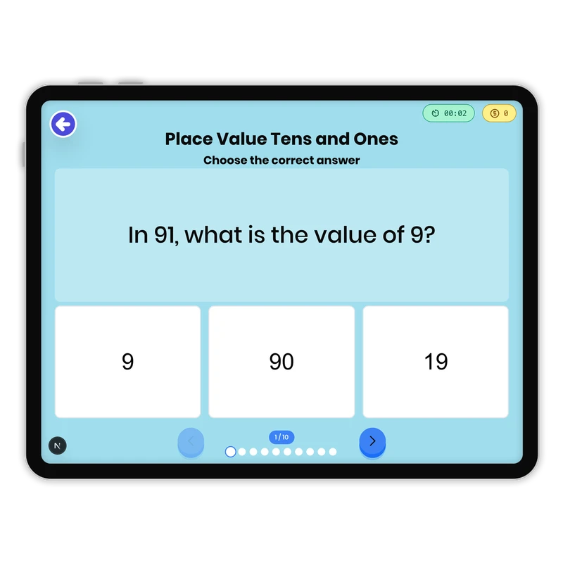 Place Value Tens and Ones — math game for Grade 1, page 1 of 1