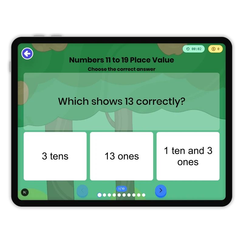 Numbers 11 to 19 Place Value — math game for Grade 1, page 1 of 1