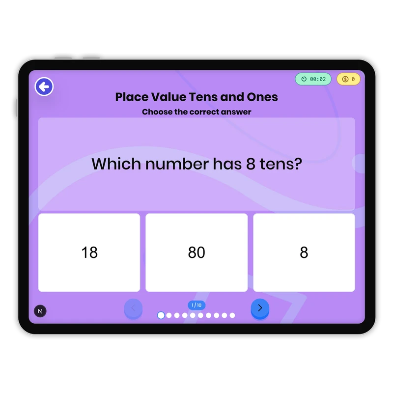 Place Value Tens and Ones — math game for Grade 1, page 1 of 1