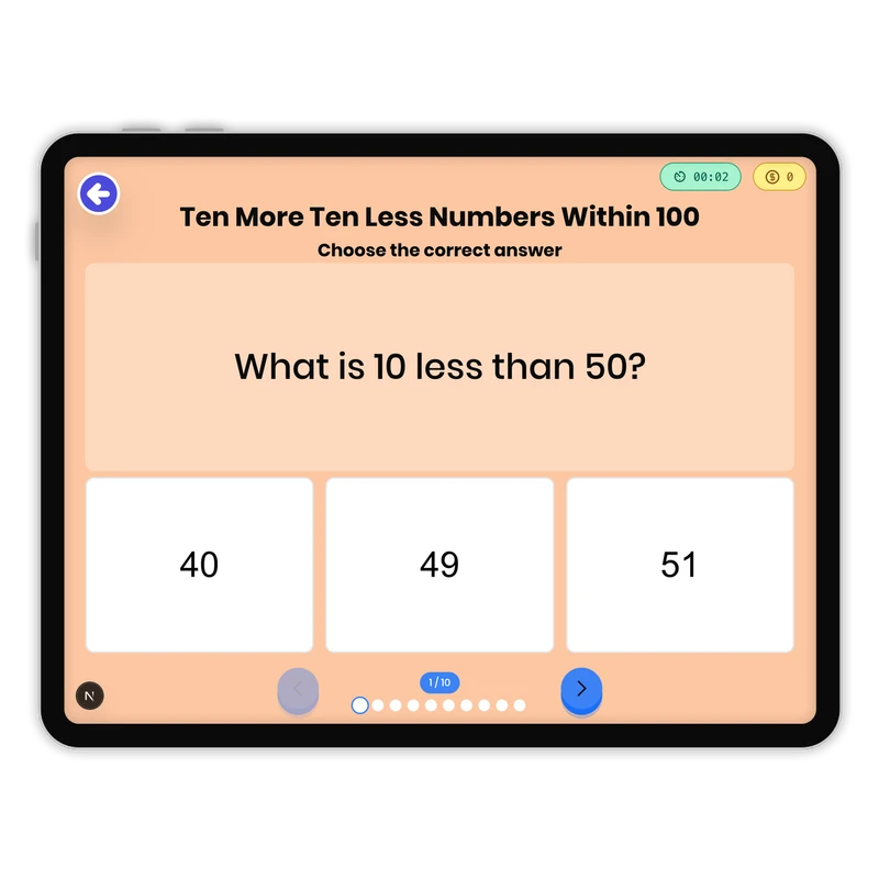 Ten More Ten Less Numbers Within 100 — math game for Grade 1, page 1 of 1