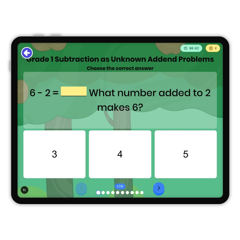 Grade 1 Subtraction as Unknown Addend Problems — math game for Grade 1, page 1 of 1