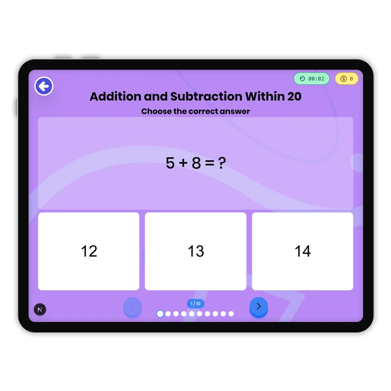 Addition and Subtraction Within 20 — math game for Grade 1, page 1 of 1