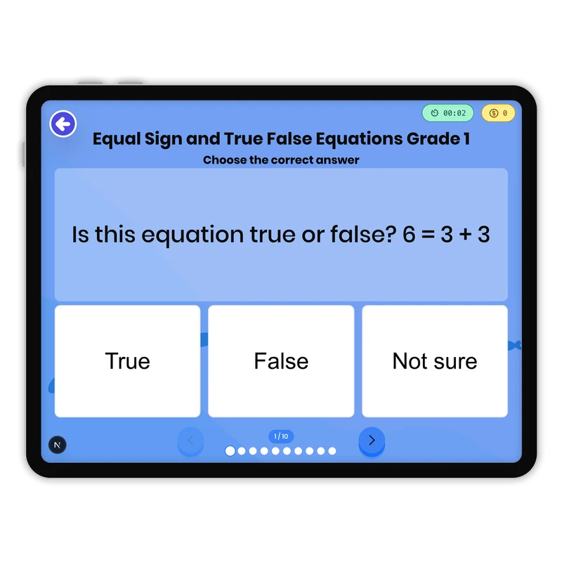 Equal Sign and True False Equations Grade 1 — math game for Grade 1, page 1 of 1