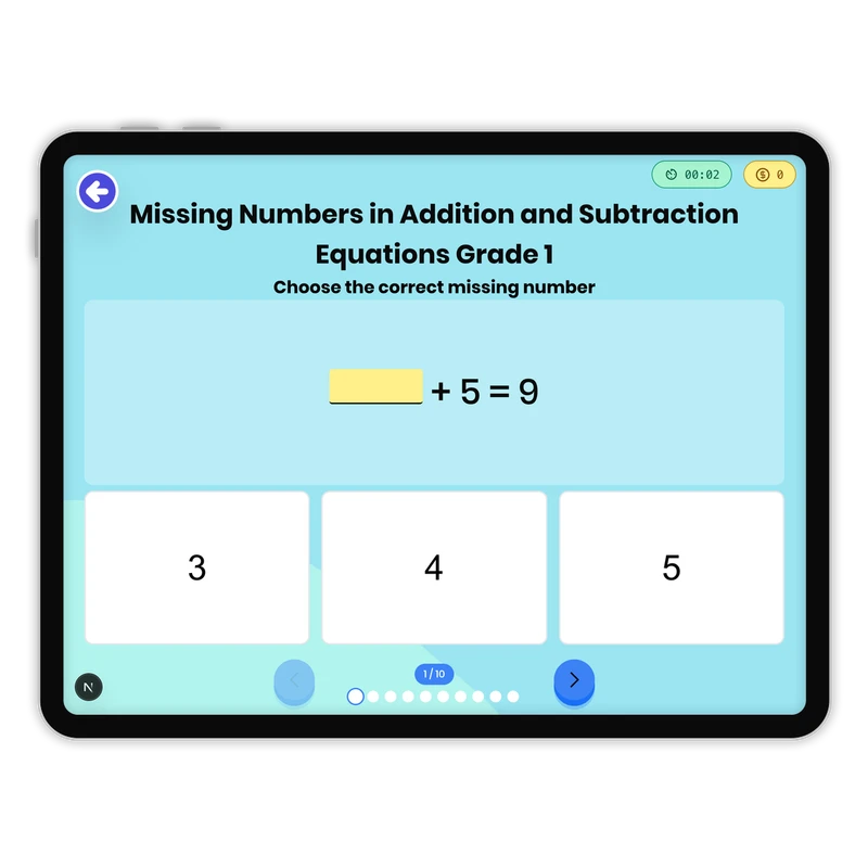 Missing Numbers in Addition and Subtraction Equations Grade 1 — math game for Grade 1, page 1 of 1