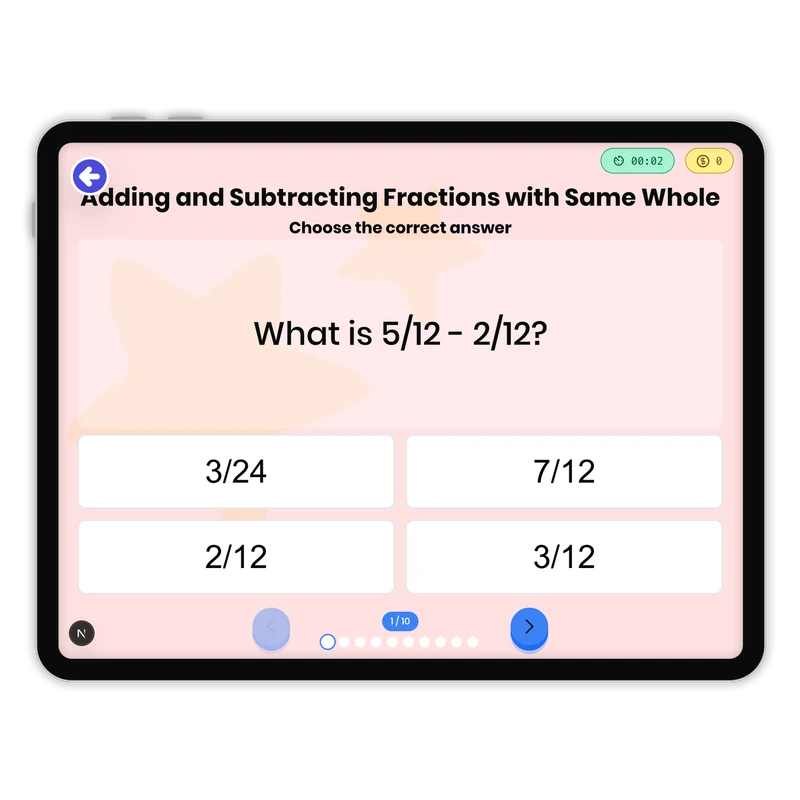 Adding and Subtracting Fractions — math game for Grade 1, page 1 of 1