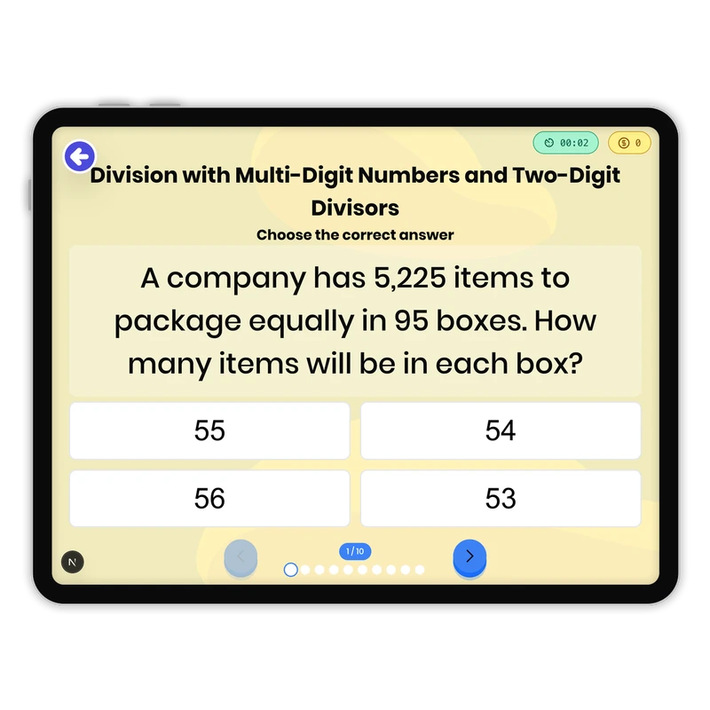 Division with Multi-Digit Numbers and Two-Digit Divisors — math game for Grade 1, page 1 of 1